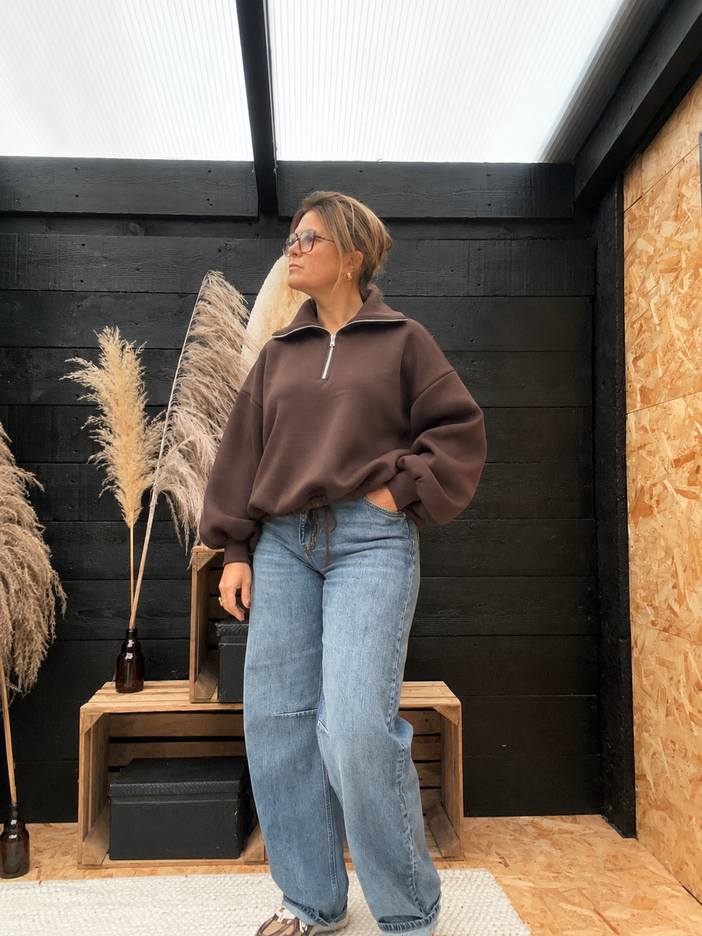 Sweater Ziva – Oversized Col Zip bruin
